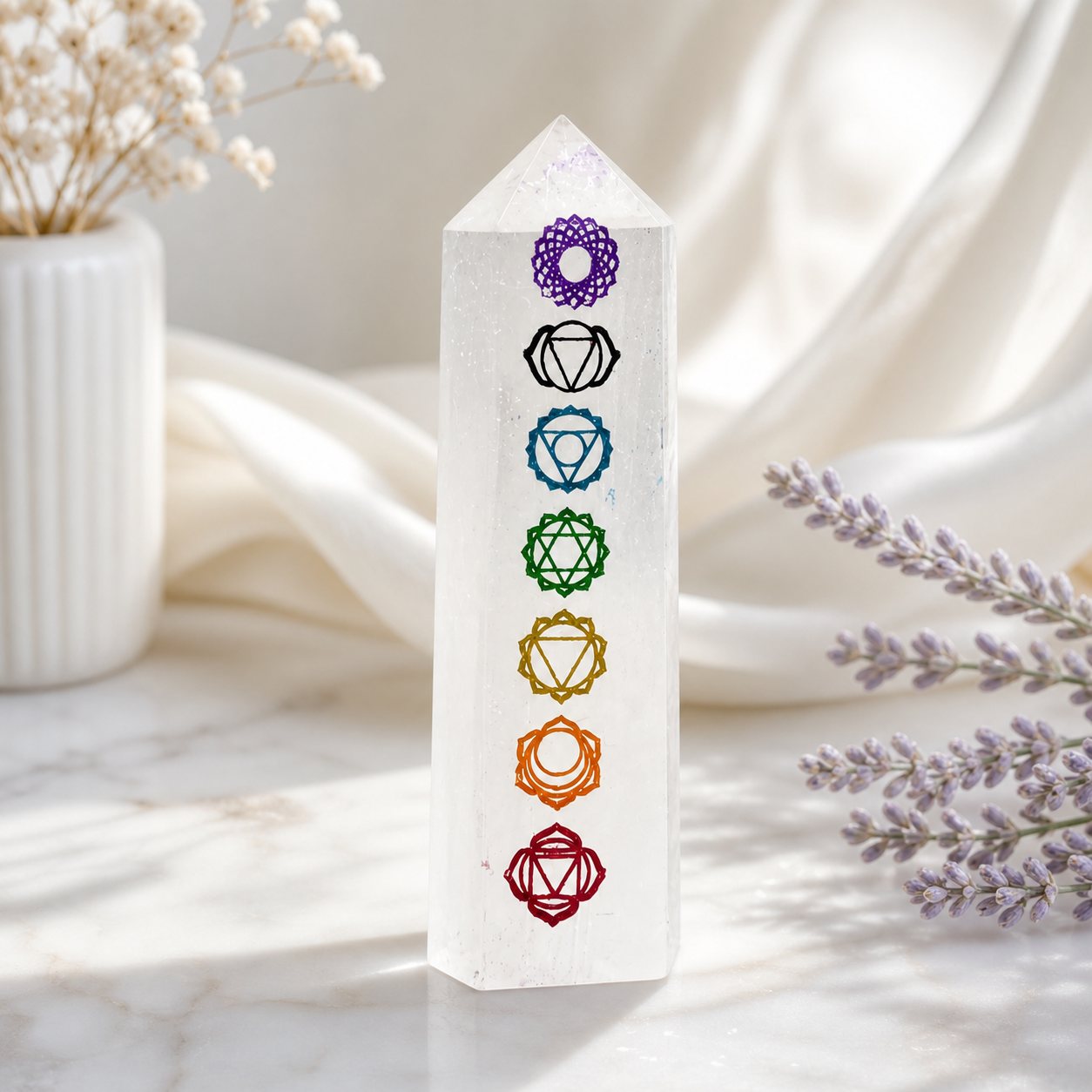 Selenite 7 Chakra Tower